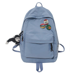 Solid Students Backpack with Monkey Pendant for Big Girls
