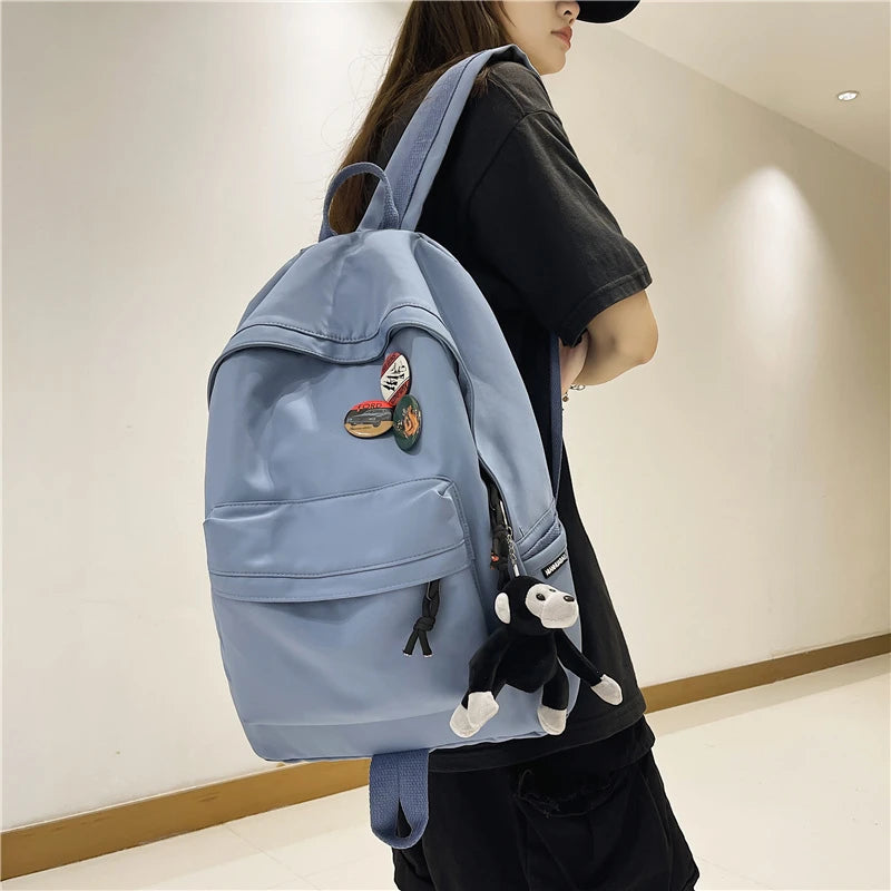 Solid Students Backpack with Monkey Pendant for Big Girls
