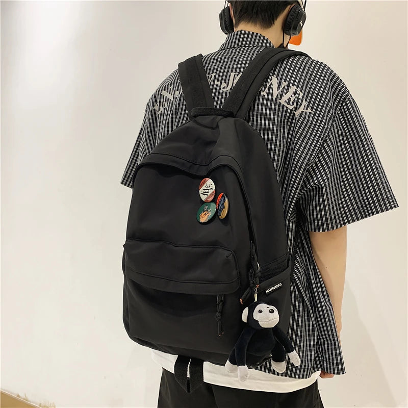 Solid Students Backpack with Monkey Pendant for Big Girls
