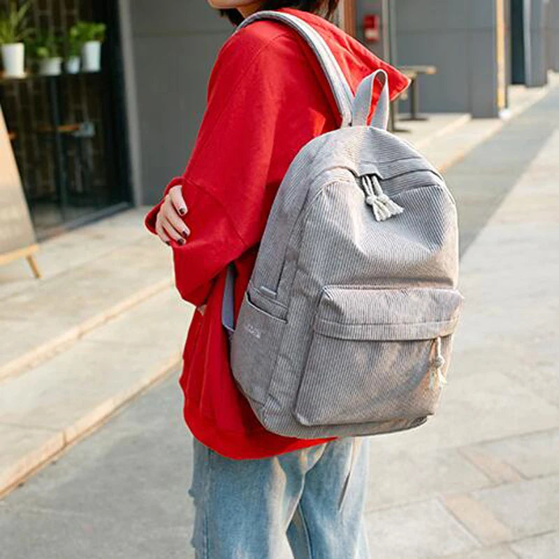 Corduroy School Backpacks For Teenage Girls Striped Rucksack Travel Bags