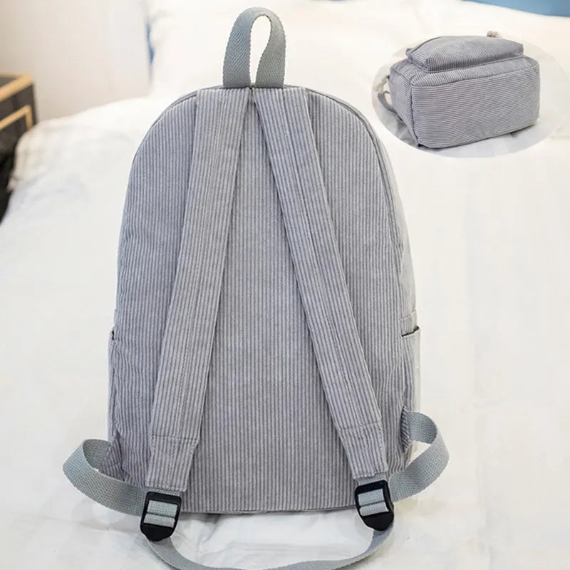 Corduroy School Backpack for Teenage Girls Travel Bag Striped Rucksack