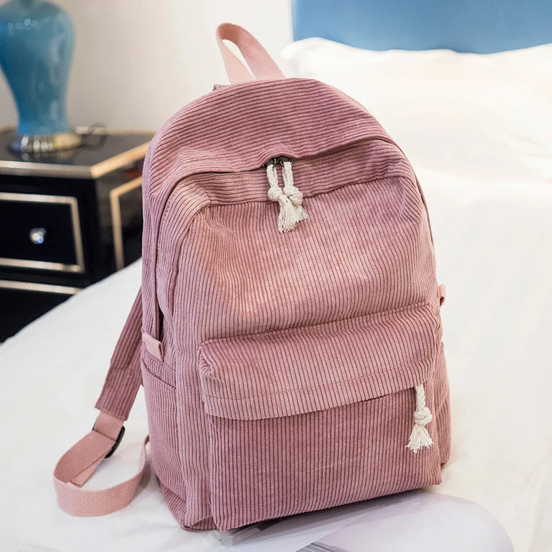 Corduroy Women Backpack Striped School Bag Rucksack