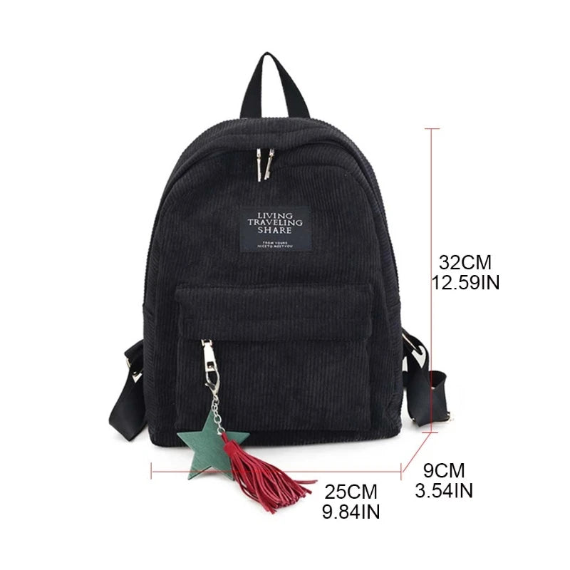 Corduroy Women Backpack Tassel Daypack Large Capacity for Teenager Girls