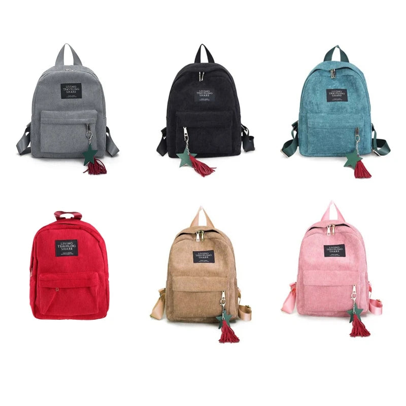 Corduroy Women Backpack Tassel Daypack Large Capacity for Teenager Girls