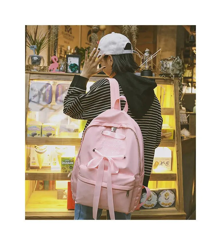 Women Backpack Lady Nylon School Backpack Fresh Bow Animal Pink