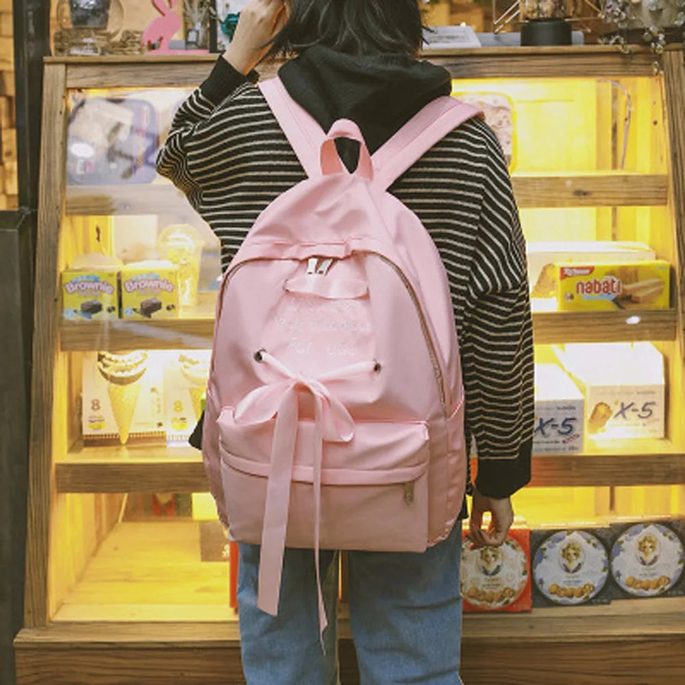 Women Backpack Lady Nylon School Backpack Fresh Bow Animal Pink
