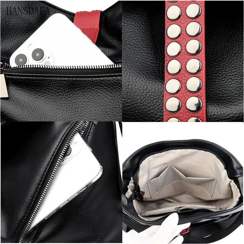 Women Backpack Handbag Large Capacity Casual Shoulder Bag Rivet Tote
