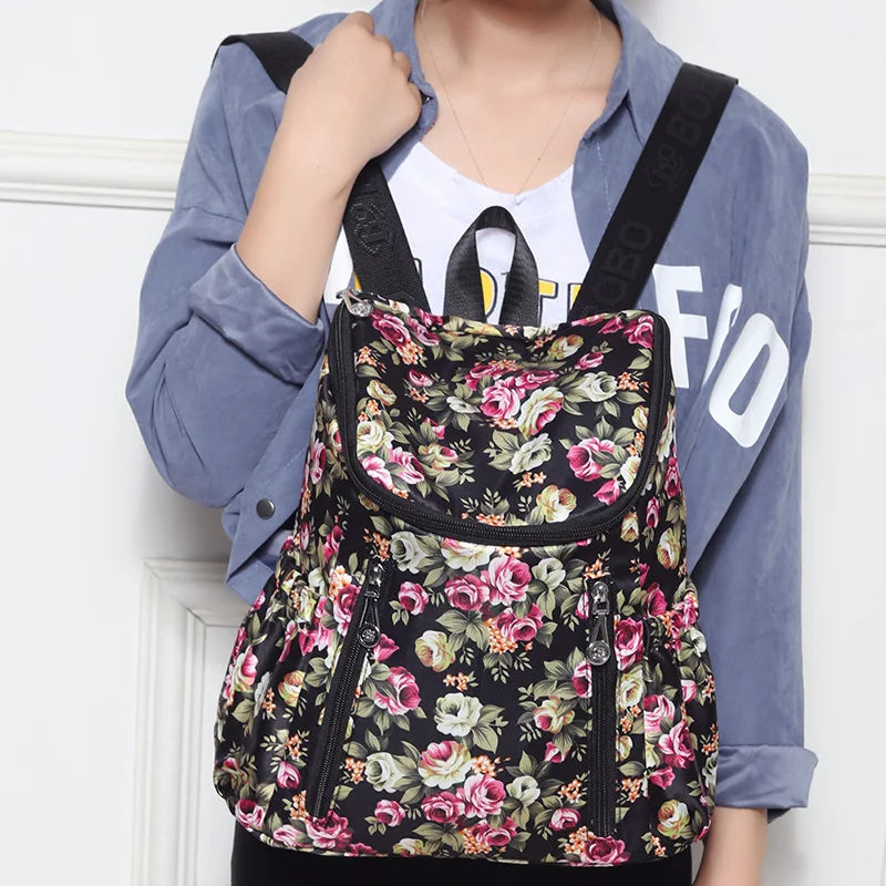 Floral Print Nylon Backpack Large Capacity Travel School Bag