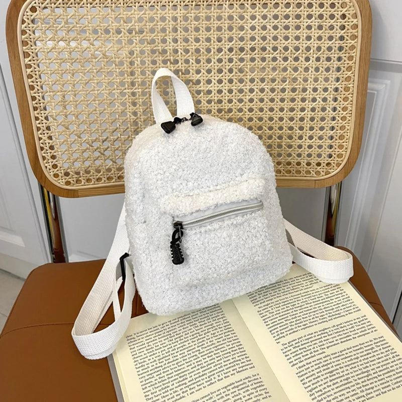 Women Flowers Printing Plush Backpack Preppy Style Small Knapsack