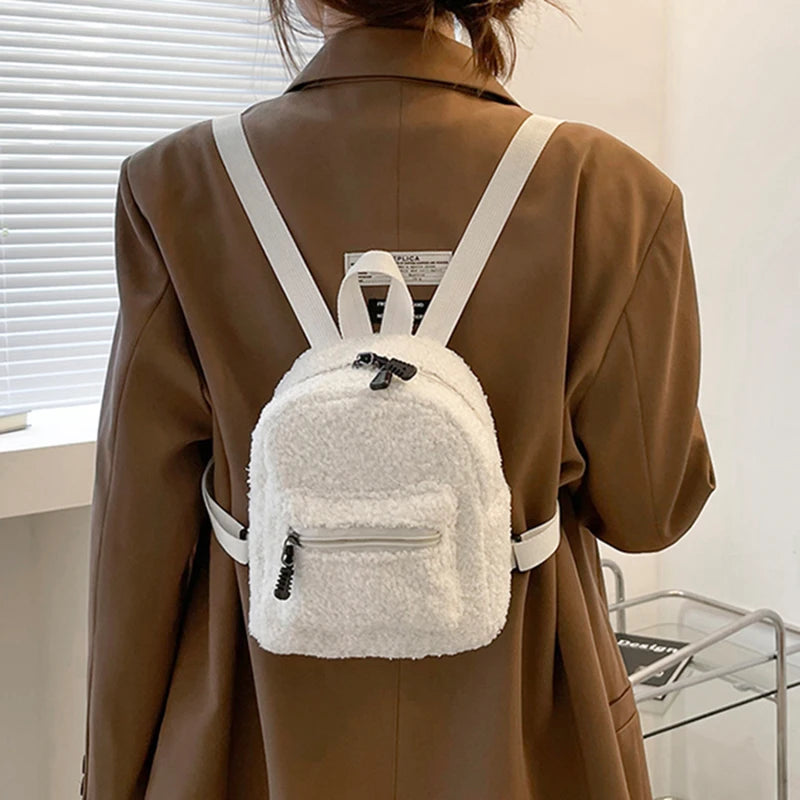 Women Flowers Printing Plush Backpack Preppy Style Small Knapsack