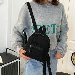 Women Flowers Printing Plush Backpack Preppy Style Small Knapsack
