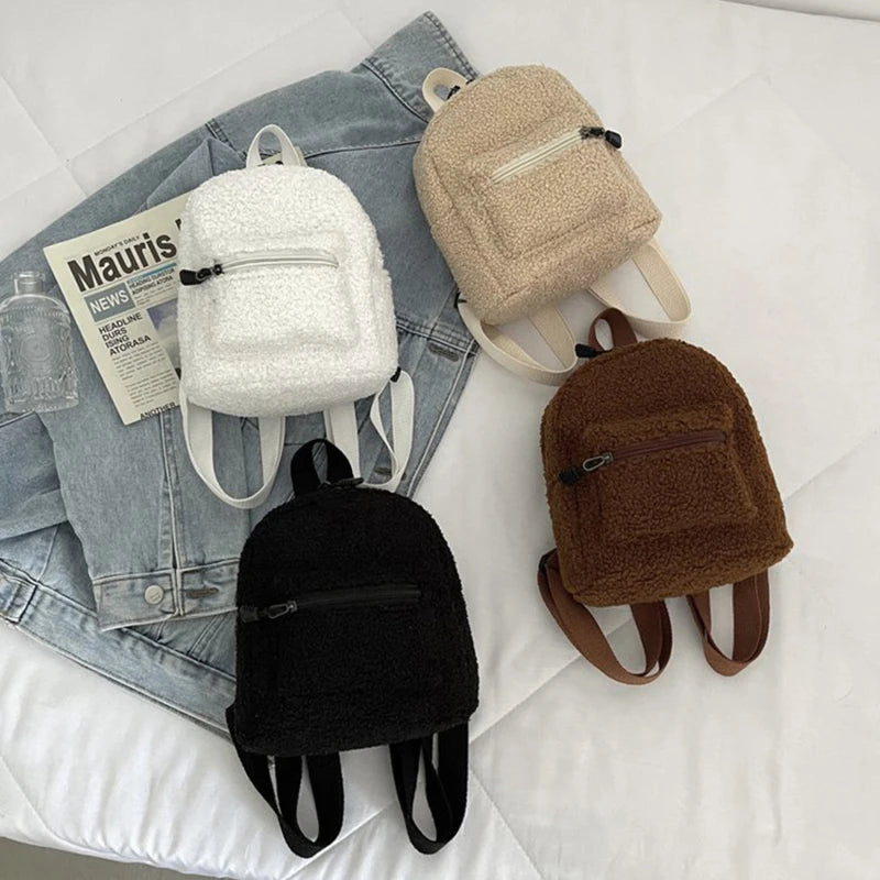 Women Flowers Printing Plush Backpack Preppy Style Small Knapsack