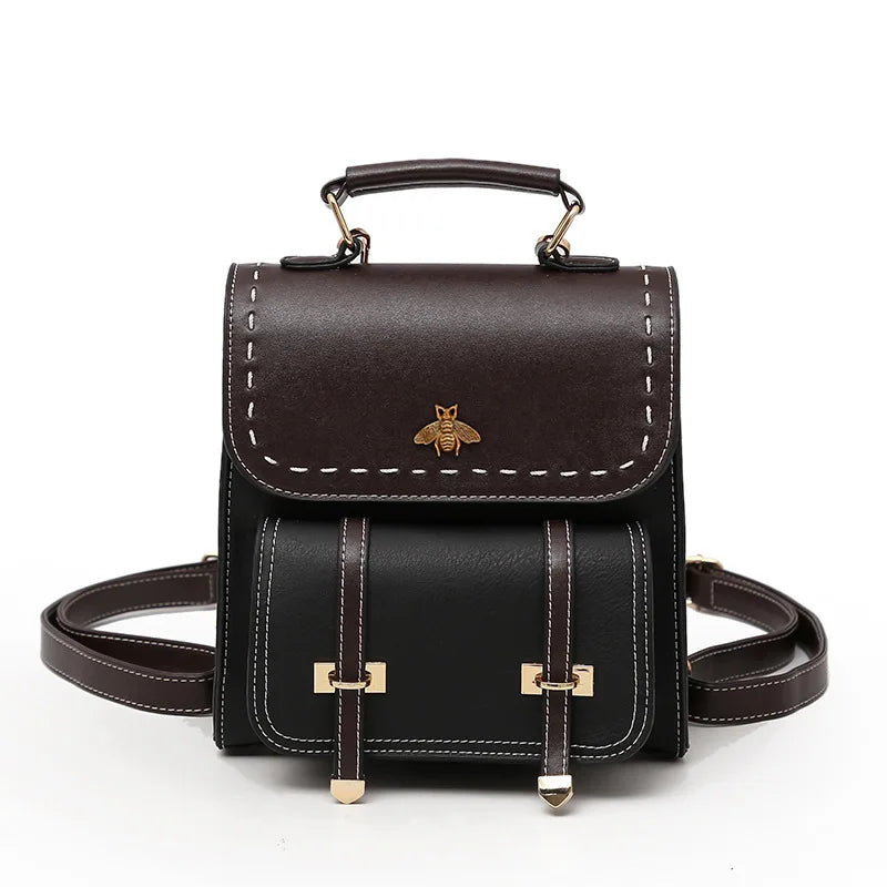 Vintage Leather Preppy Female Backpack Little Bee School College Travel Bag