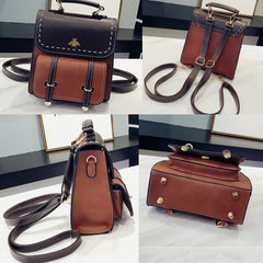 Vintage Leather Preppy Female Backpack Little Bee School College Travel Bag