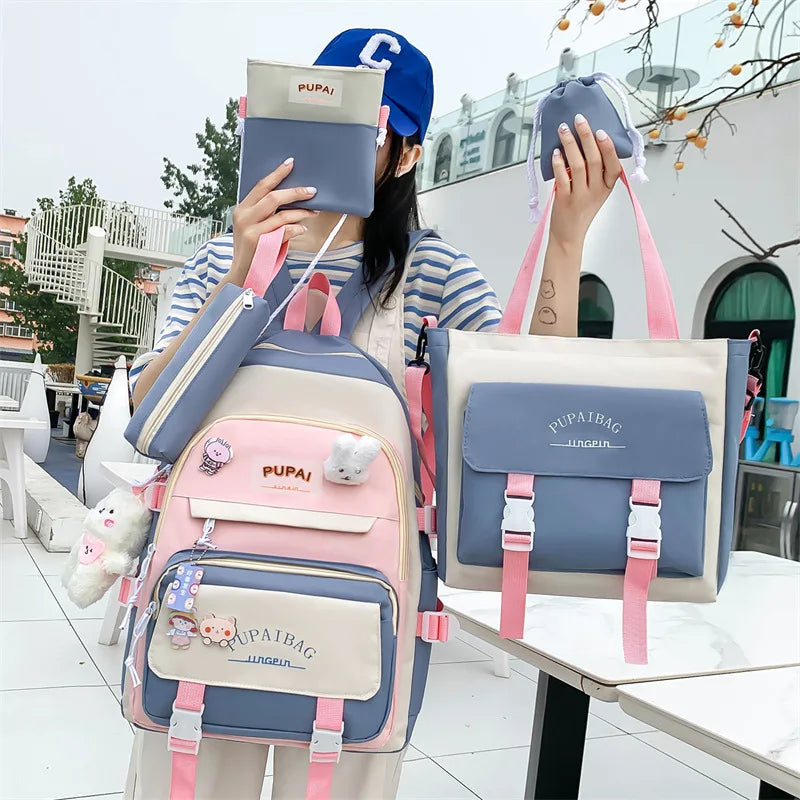 Teenage Girl Backpack SchoolBags 5PCS Set Anti-theft Shoulder Bag Big Capacity