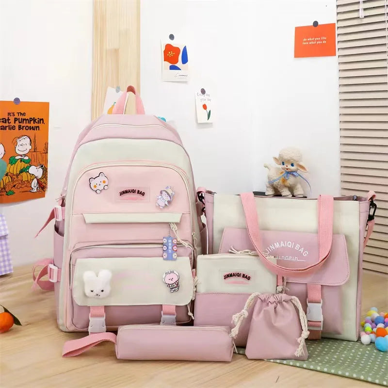 Teenage Girl Backpack SchoolBags 5PCS Set Anti-theft Shoulder Bag Big Capacity
