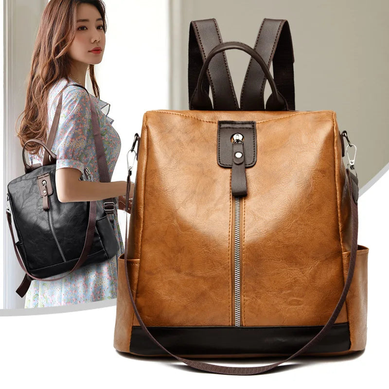 Women Backpack Travel PU Leather Zipper Anti Theft Pack Female Schoolbag