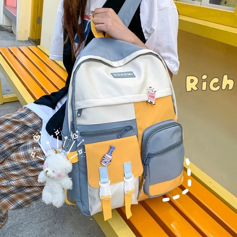 Women Backpack with Bear Pendant Nylon Schoolbag for Teenager College Rucksack