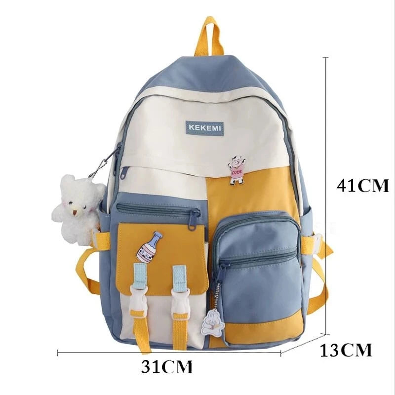 Women Backpack with Bear Pendant Nylon Schoolbag for Teenager College Rucksack