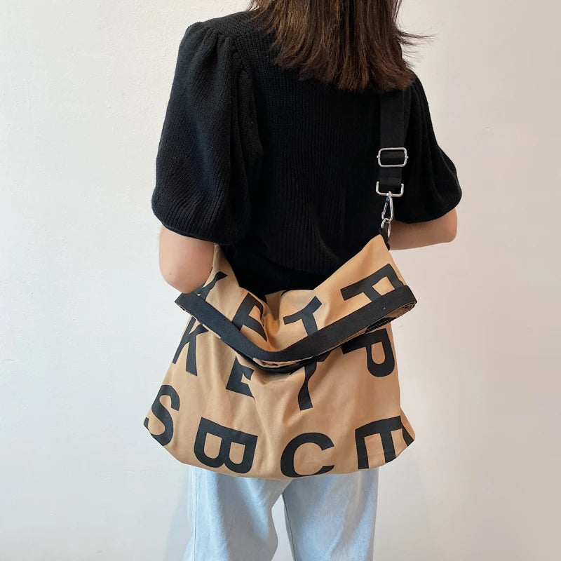 Women Large Letter Canvas Handbag Tote Messenger Shoulder Bag