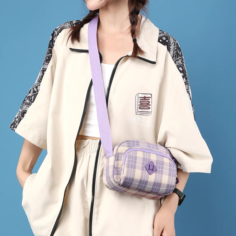 Women Casual Shoulder Bag Nylon Waterproof Messenger Bag Lady Plaid Crossbody
