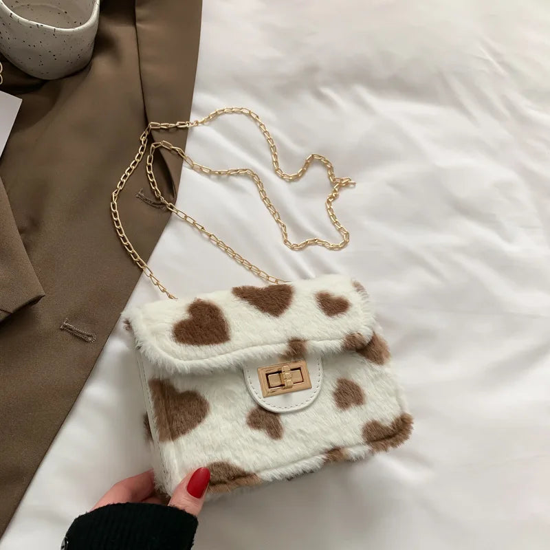 Heart Prints Plush Shoulder Bag Chain Faux Fur Messenger Female Bag