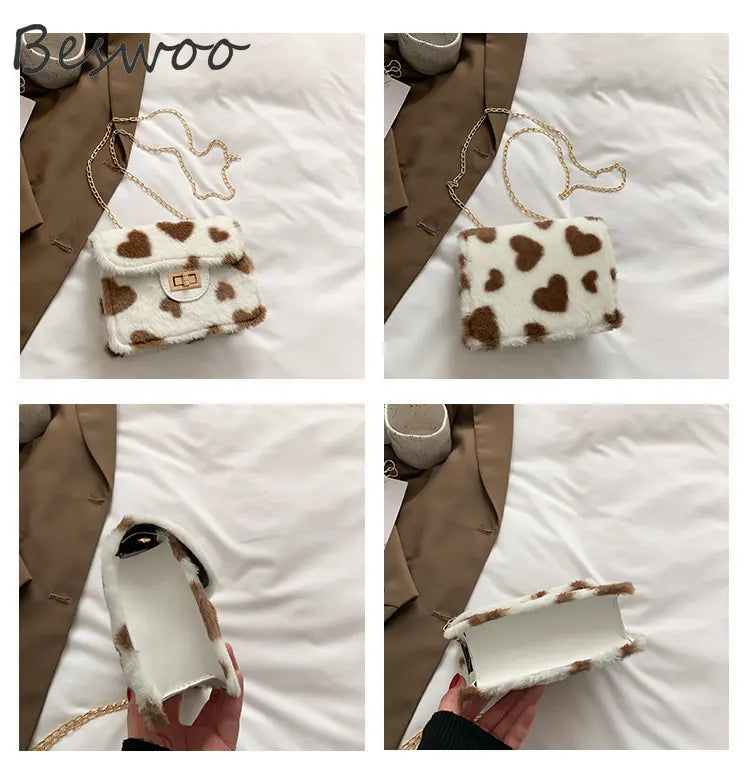 Heart Prints Plush Shoulder Bag Chain Faux Fur Messenger Female Bag