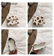 Heart Prints Plush Shoulder Bag Chain Faux Fur Messenger Female Bag