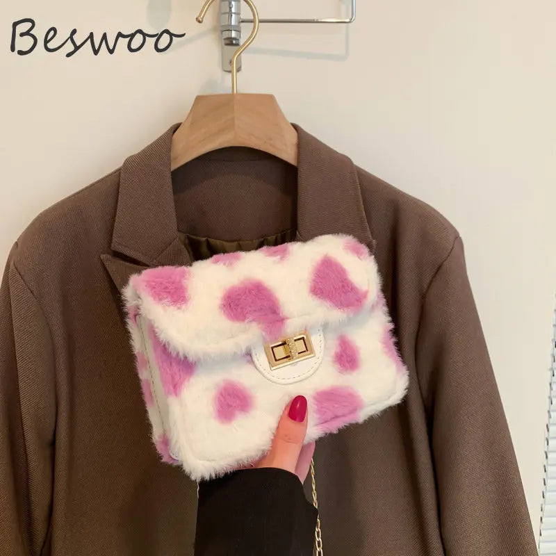 Heart Prints Plush Shoulder Bag Chain Faux Fur Messenger Female Bag