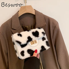 Heart Prints Plush Shoulder Bag Chain Faux Fur Messenger Female Bag