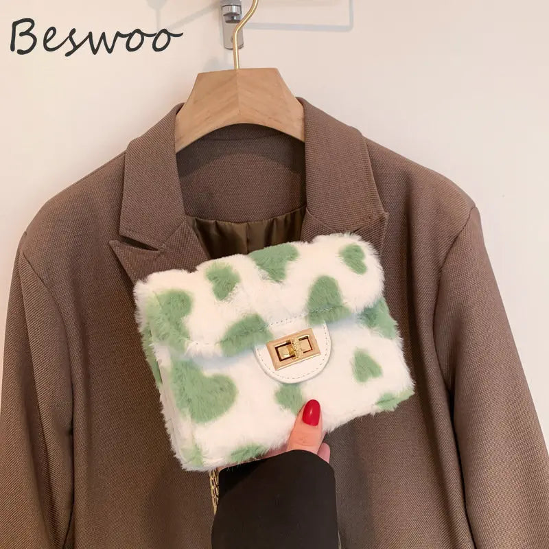 Heart Prints Plush Shoulder Bag Chain Faux Fur Messenger Female Bag
