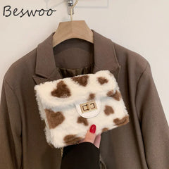 Heart Prints Plush Shoulder Bag Chain Faux Fur Messenger Female Bag