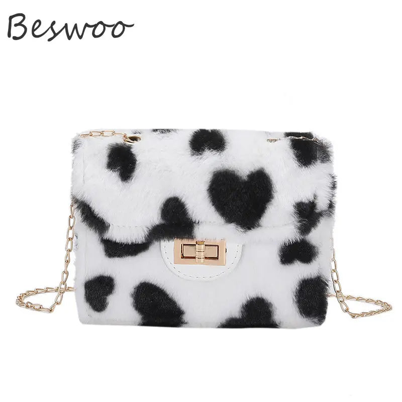 Heart Prints Plush Shoulder Bag Chain Faux Fur Messenger Female Bag