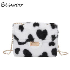 Heart Prints Plush Shoulder Bag Chain Faux Fur Messenger Female Bag