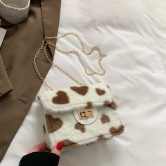 Heart Prints Plush Shoulder Bag Chain Faux Fur Messenger Female Bag