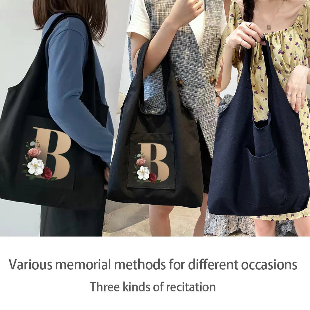 Canvas Flower Tote Bag with 26 Letters Print, Large Capacity Travel Shopping Bag