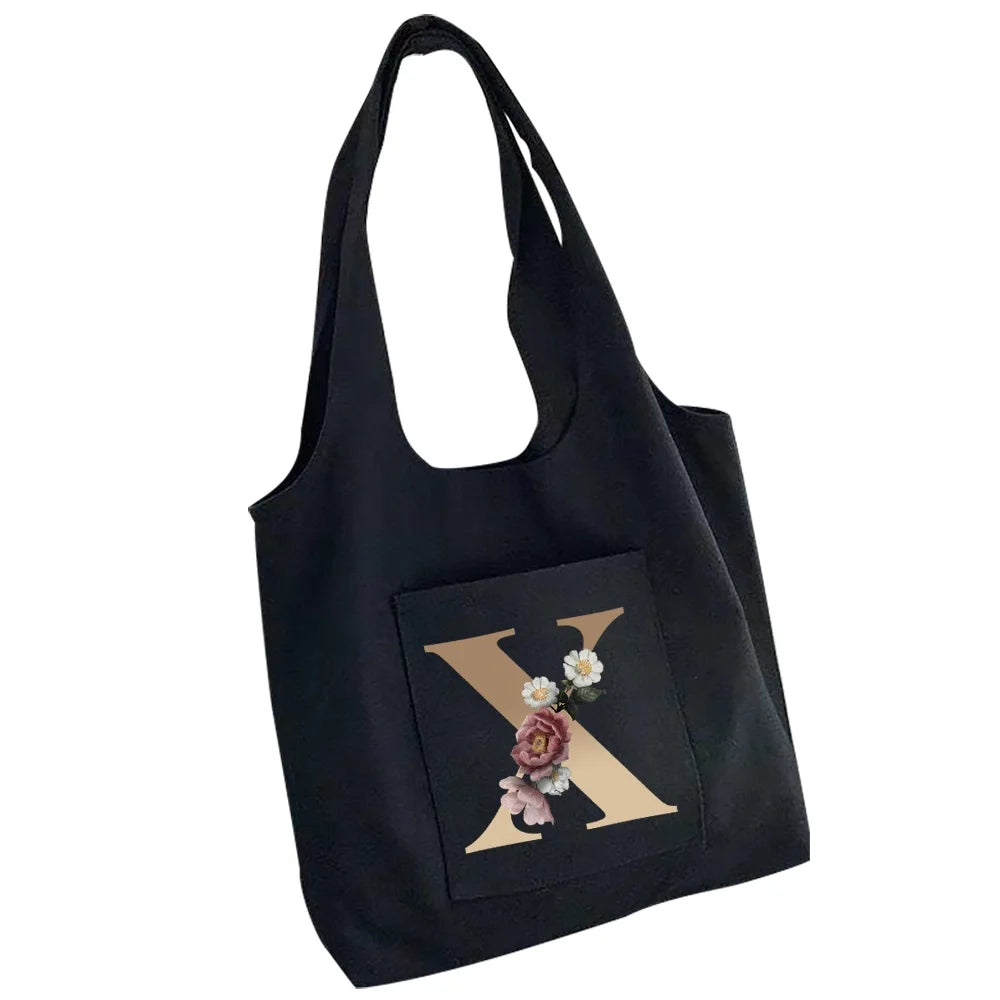 Canvas Flower Tote Bag with 26 Letters Print, Large Capacity Travel Shopping Bag