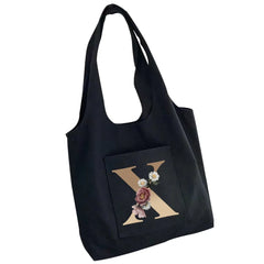 Canvas Flower Tote Bag with 26 Letters Print, Large Capacity Travel Shopping Bag