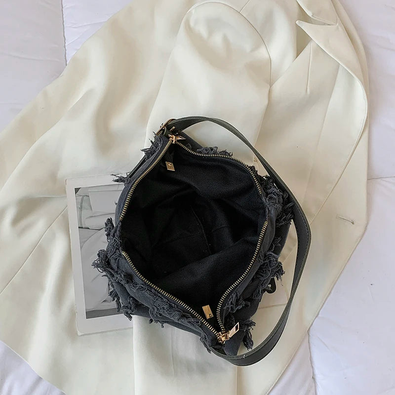 Casual Women Bag with Wide Shoulder Straps and Tassel Detail