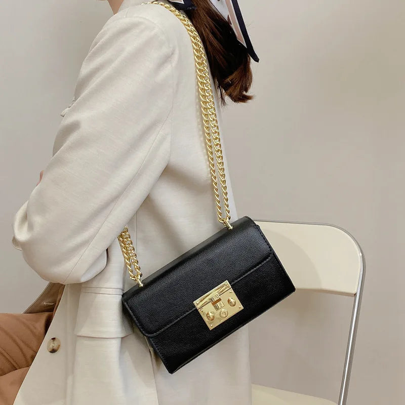 Women Bag Lock Single Shoulder Messenger Small Square Bag Solid Retro Bag