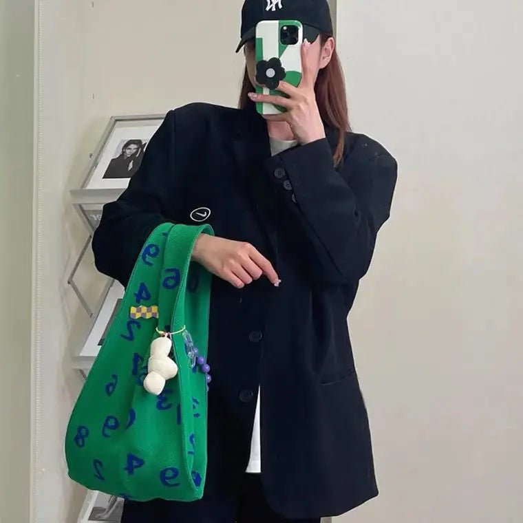 Women Bag Cotton Fabric Bucket Letter Solid Shoulder Bag