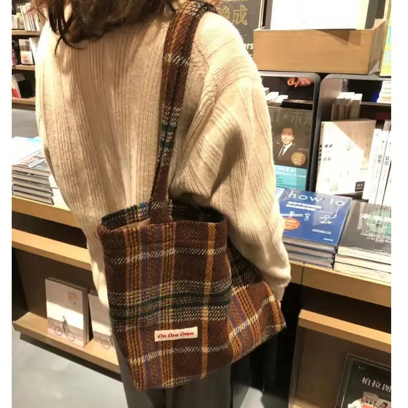 Vintage Plaid Zipper Shoulder Bag Handbag Purse Preppy Style Girls Bag