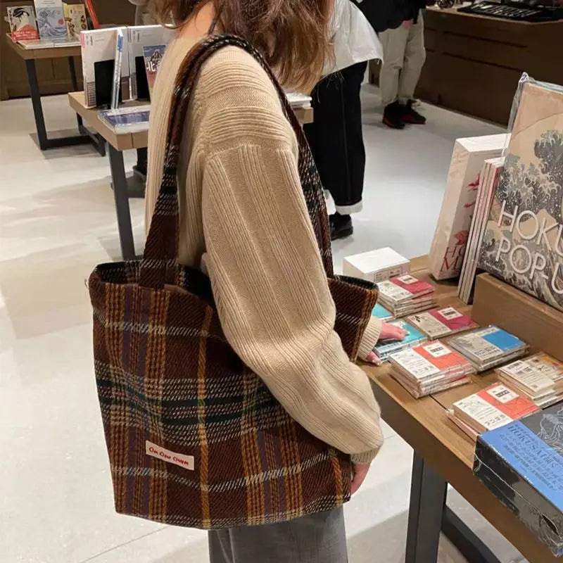 Vintage Plaid Zipper Shoulder Bag Handbag Purse Preppy Style Girls Bag