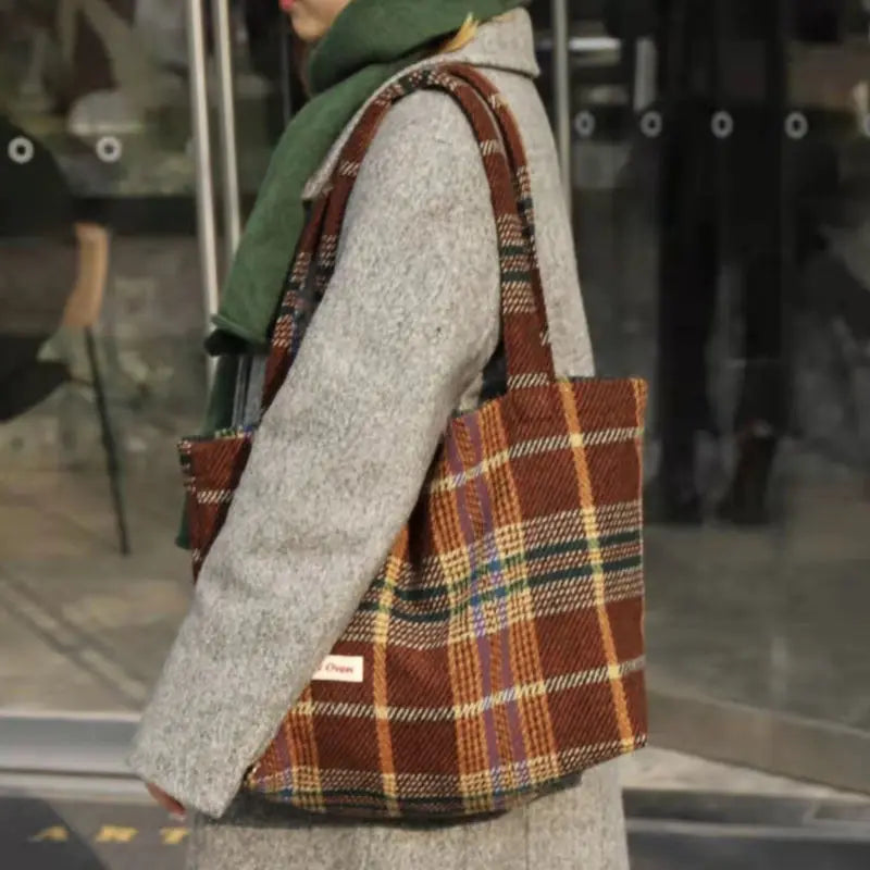 Vintage Plaid Zipper Shoulder Bag Handbag Purse Preppy Style Girls Bag
