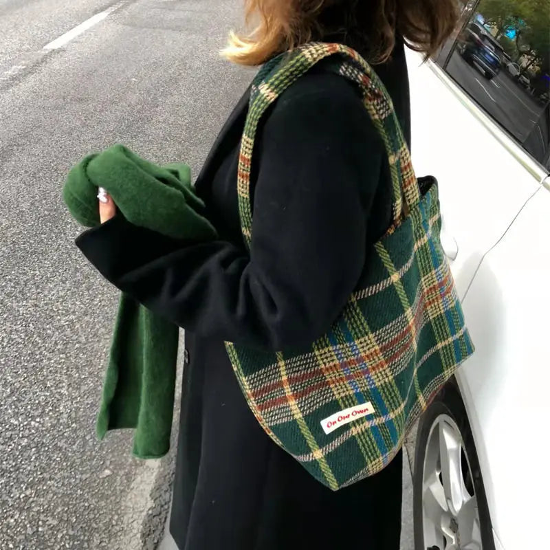 Vintage Plaid Zipper Shoulder Bag Handbag Purse Preppy Style Girls Bag