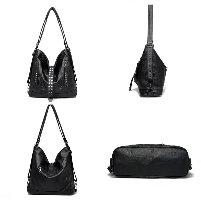 Large Capacity Rivet Leather Crossbody Bag Ladies Tote 3 In 1 Women Backpack