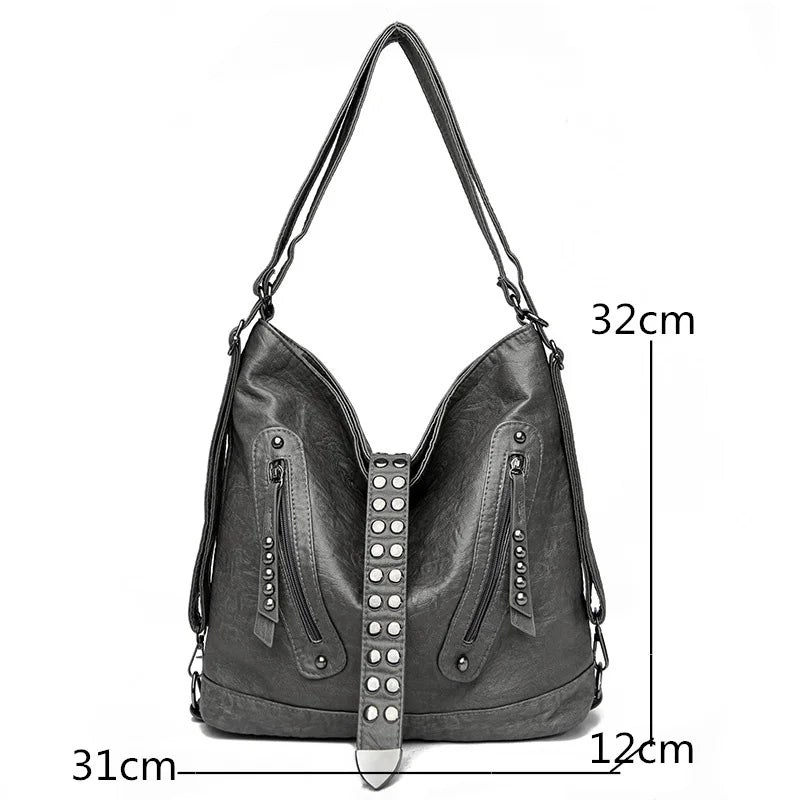 Rivet Leather Crossbody Bag Women Backpack Shoulder Bag 3 In 1 Tote Sac