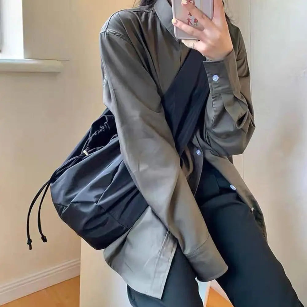 Nylon Bucket Bag Soft Shoulder Tote Solid Zipper Purses Handbags
