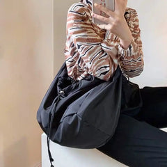 Nylon Bucket Bag Soft Shoulder Tote Solid Zipper Purses Handbags