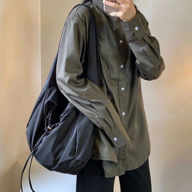 Nylon Bucket Shoulder Bag Tote Bag - Black Color